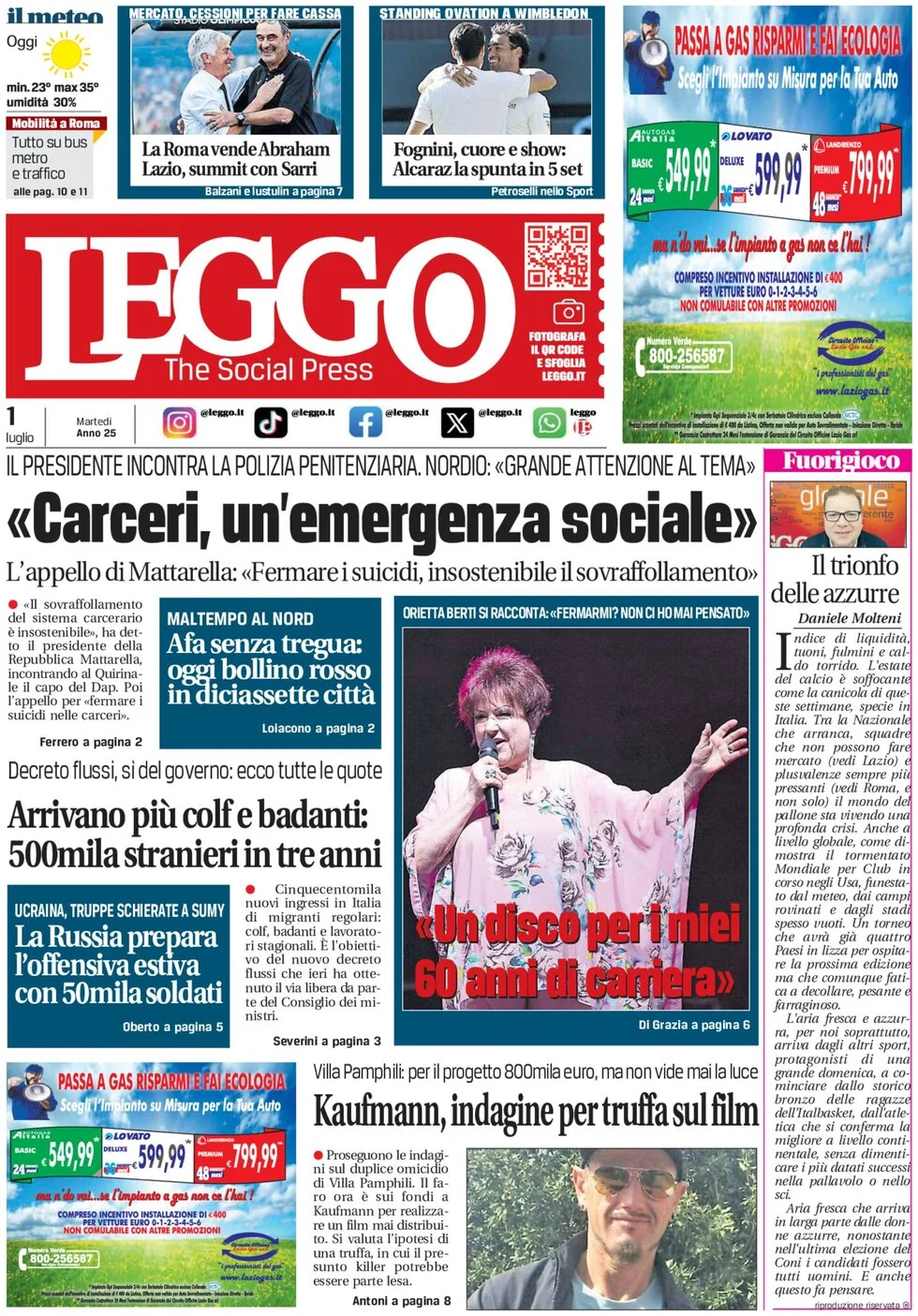 anteprima della prima pagina di leggo-roma del 01/07/2025
