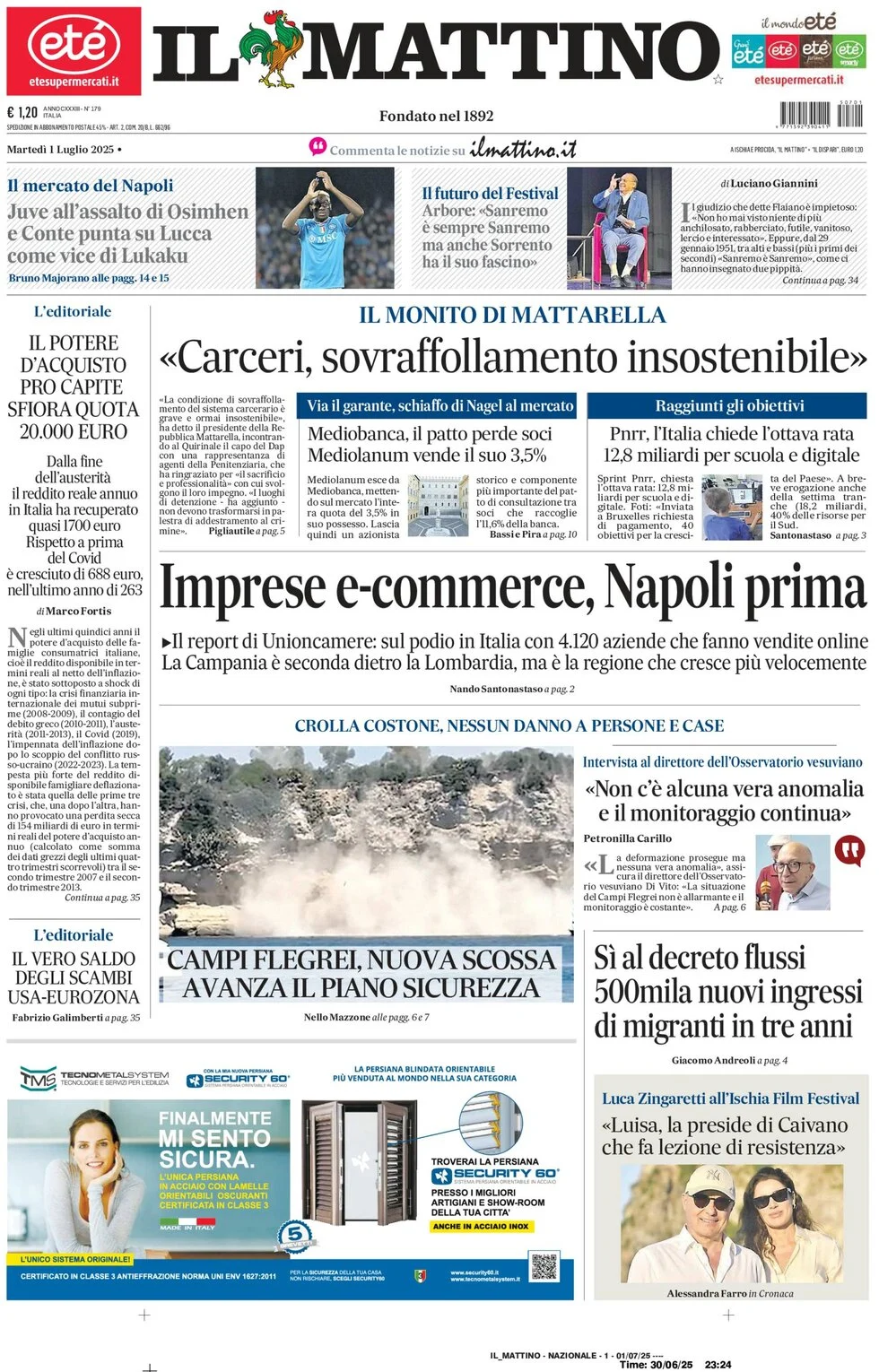 anteprima della prima pagina di il-mattino del 01/07/2025