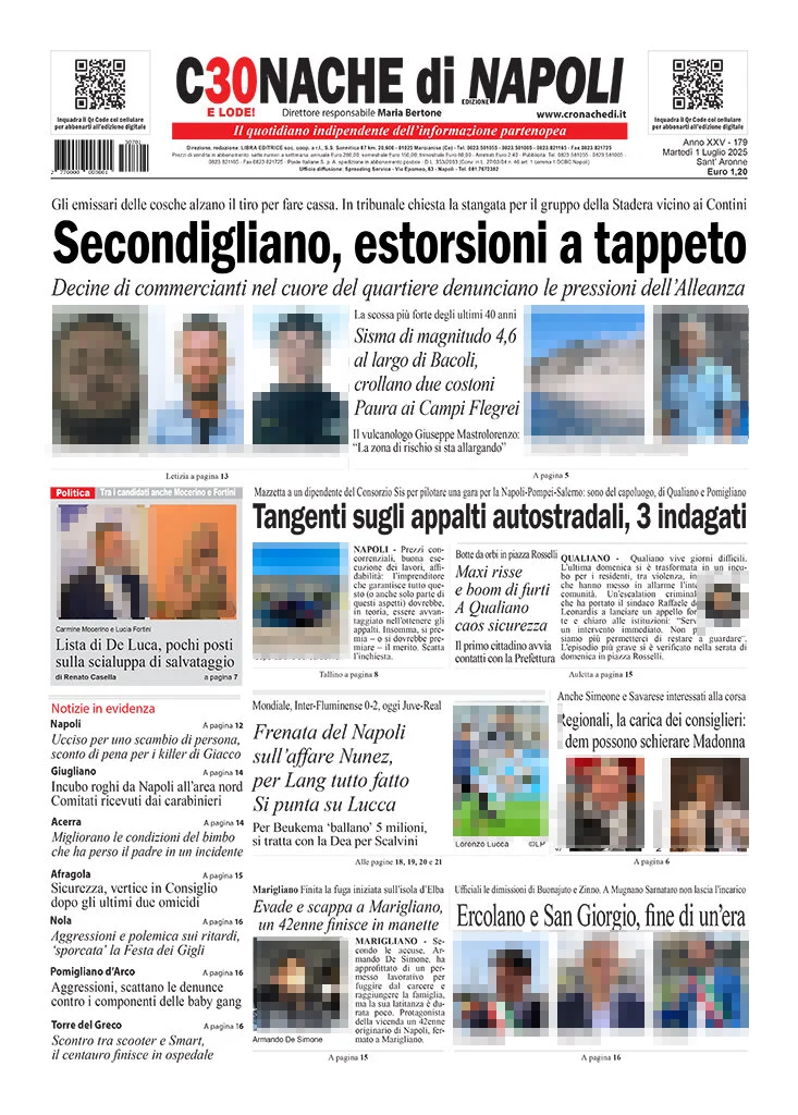 Anteprima prima pagina della rasegna stampa di ieri 2025-07-01 - cronache-di-napoli/
