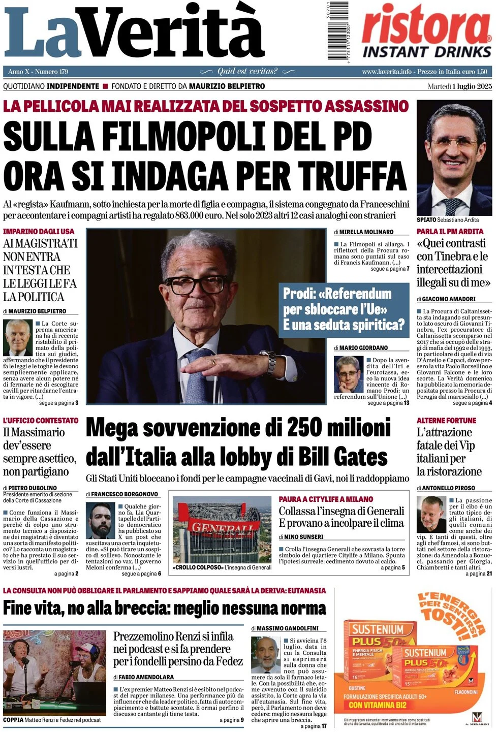 anteprima della prima pagina di la-verit del 01/07/2025