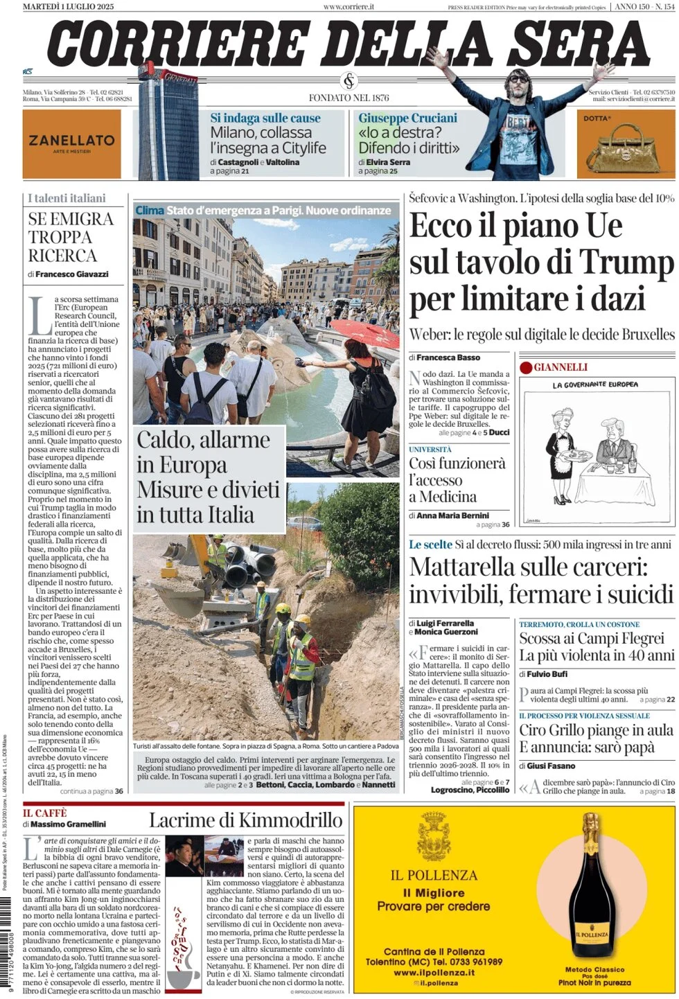 anteprima della prima pagina di corriere-della-sera del 01/07/2025