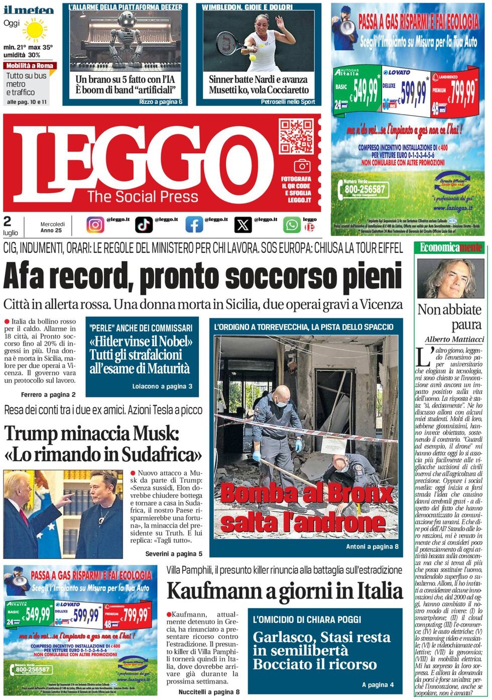 anteprima della prima pagina di leggo-roma del 02/07/2025