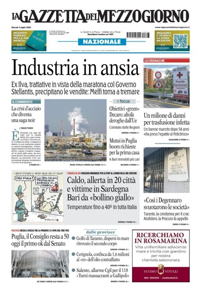 anteprima della prima pagina di La Gazzetta del Mezzogiorno (Bari)