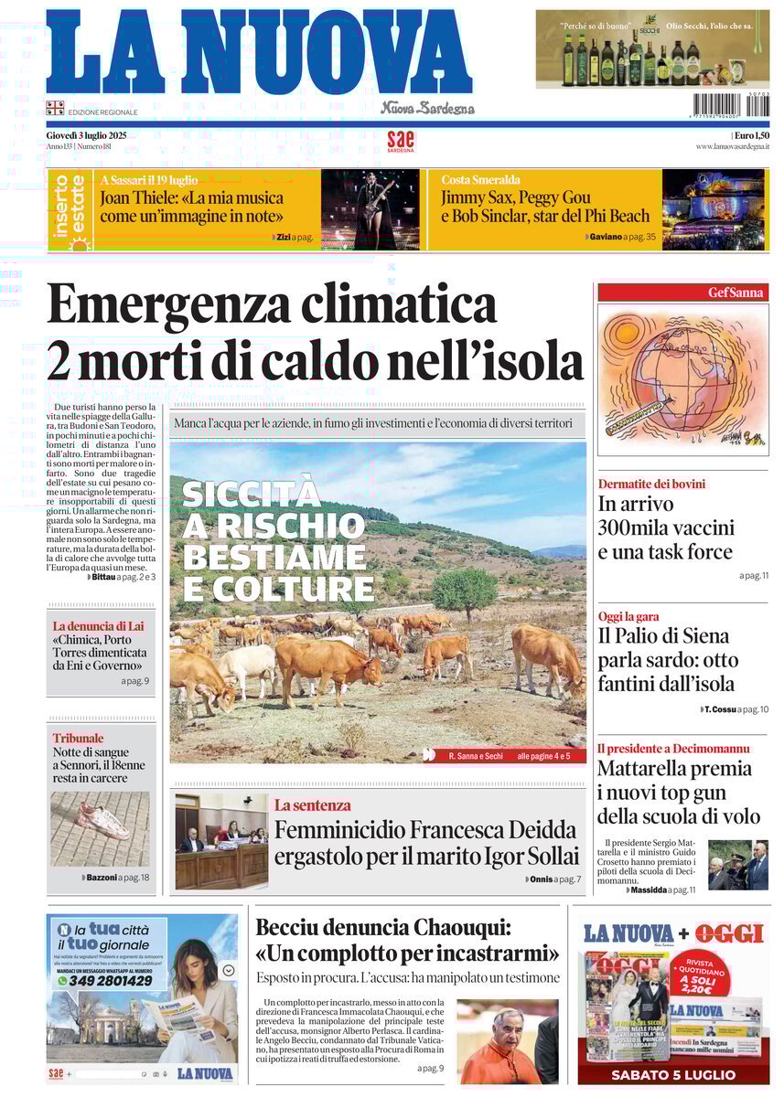 anteprima della prima pagina di La Nuova Sardegna