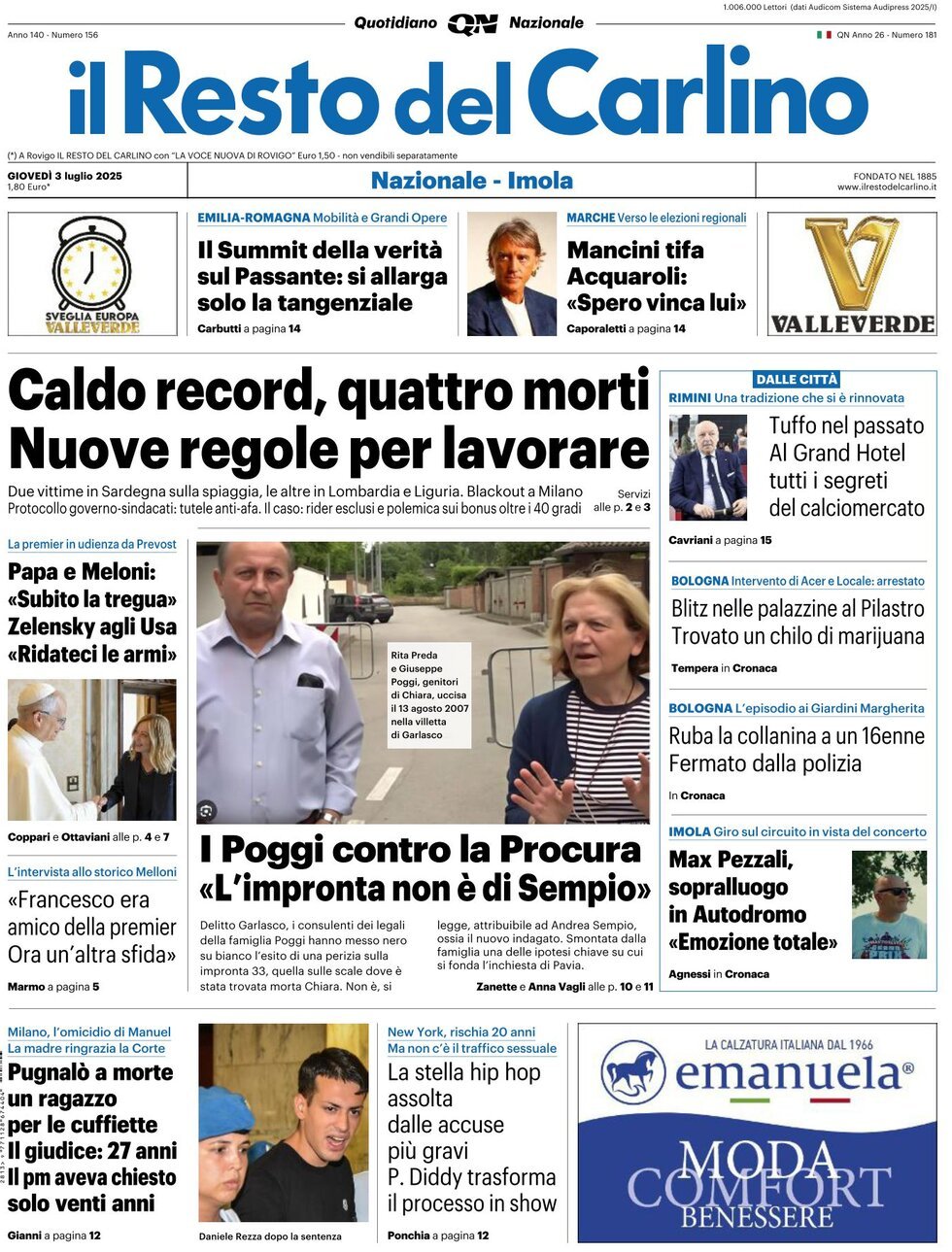 anteprima della prima pagina di Il Resto del Carlino