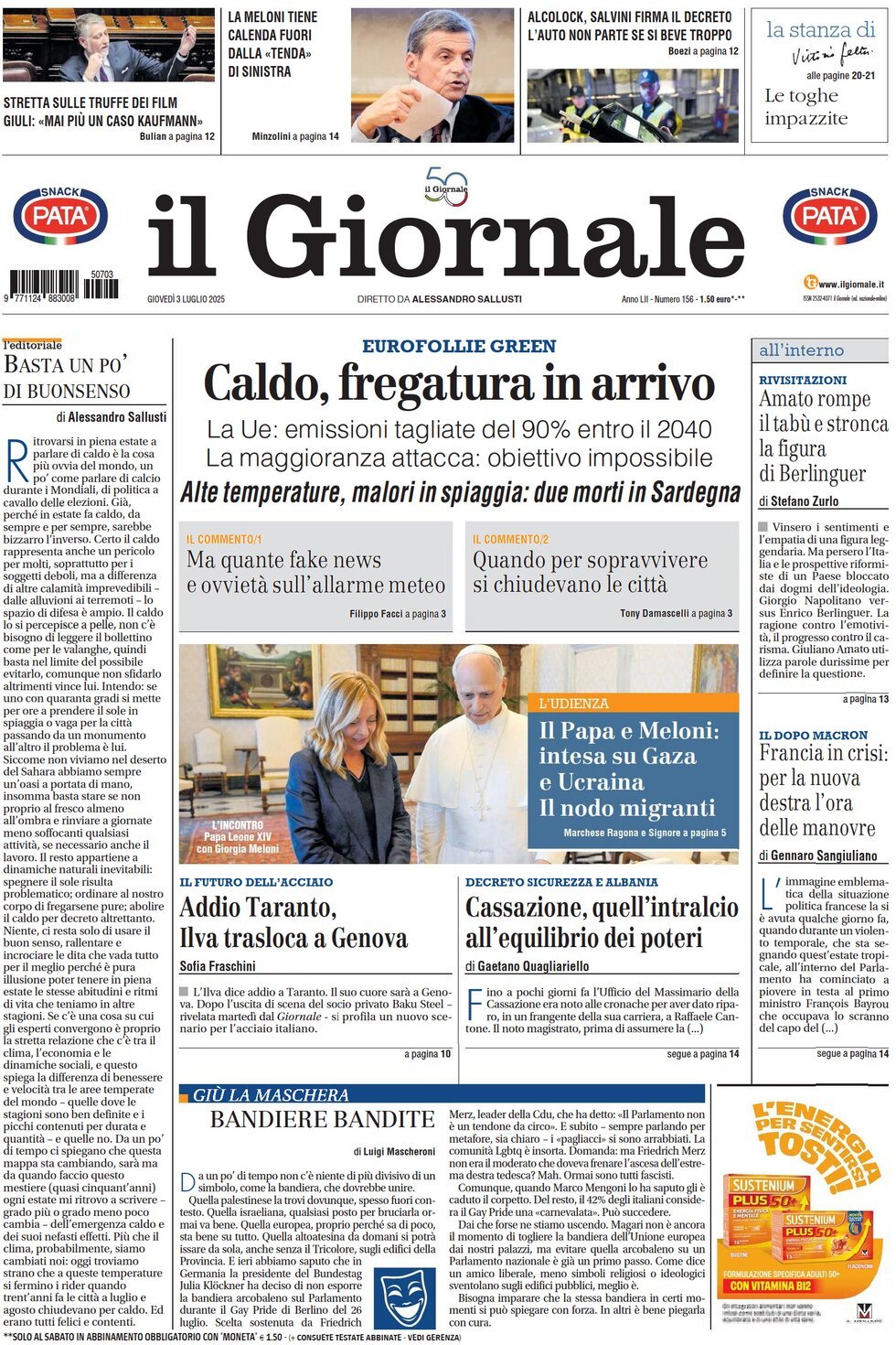 anteprima della prima pagina di Il Giornale