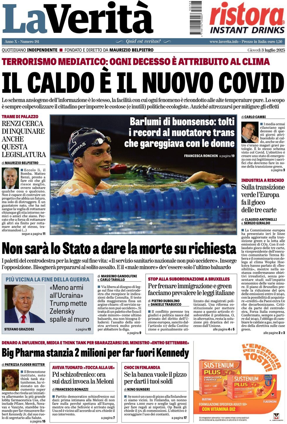 anteprima della prima pagina di La Verità