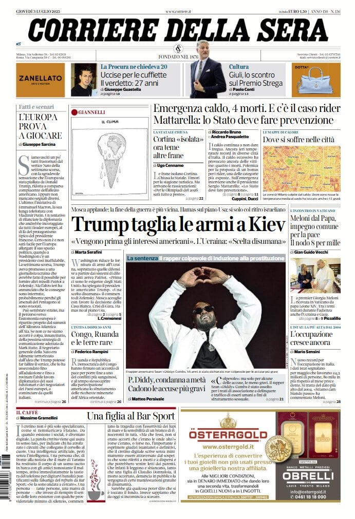 anteprima della prima pagina di corriere-della-sera del 03/07/2025