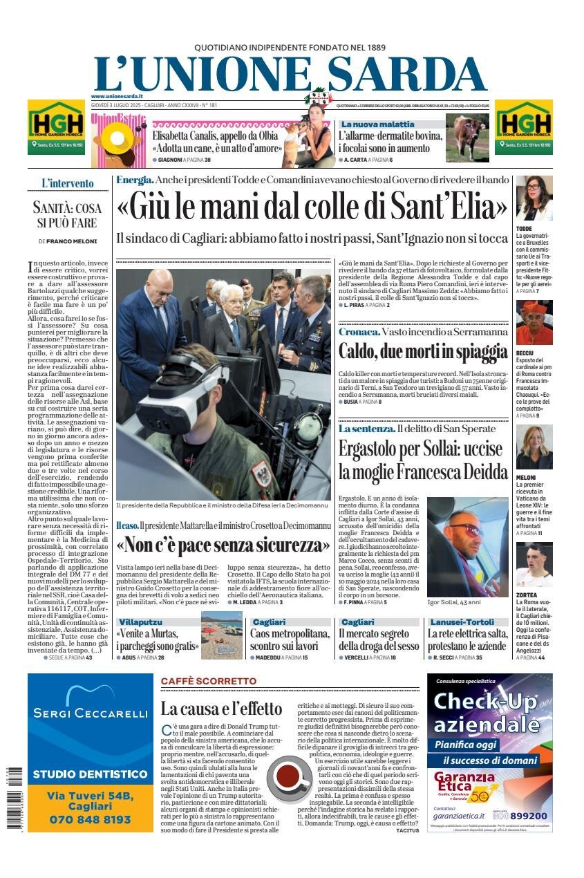anteprima della prima pagina di L'Unione Sarda