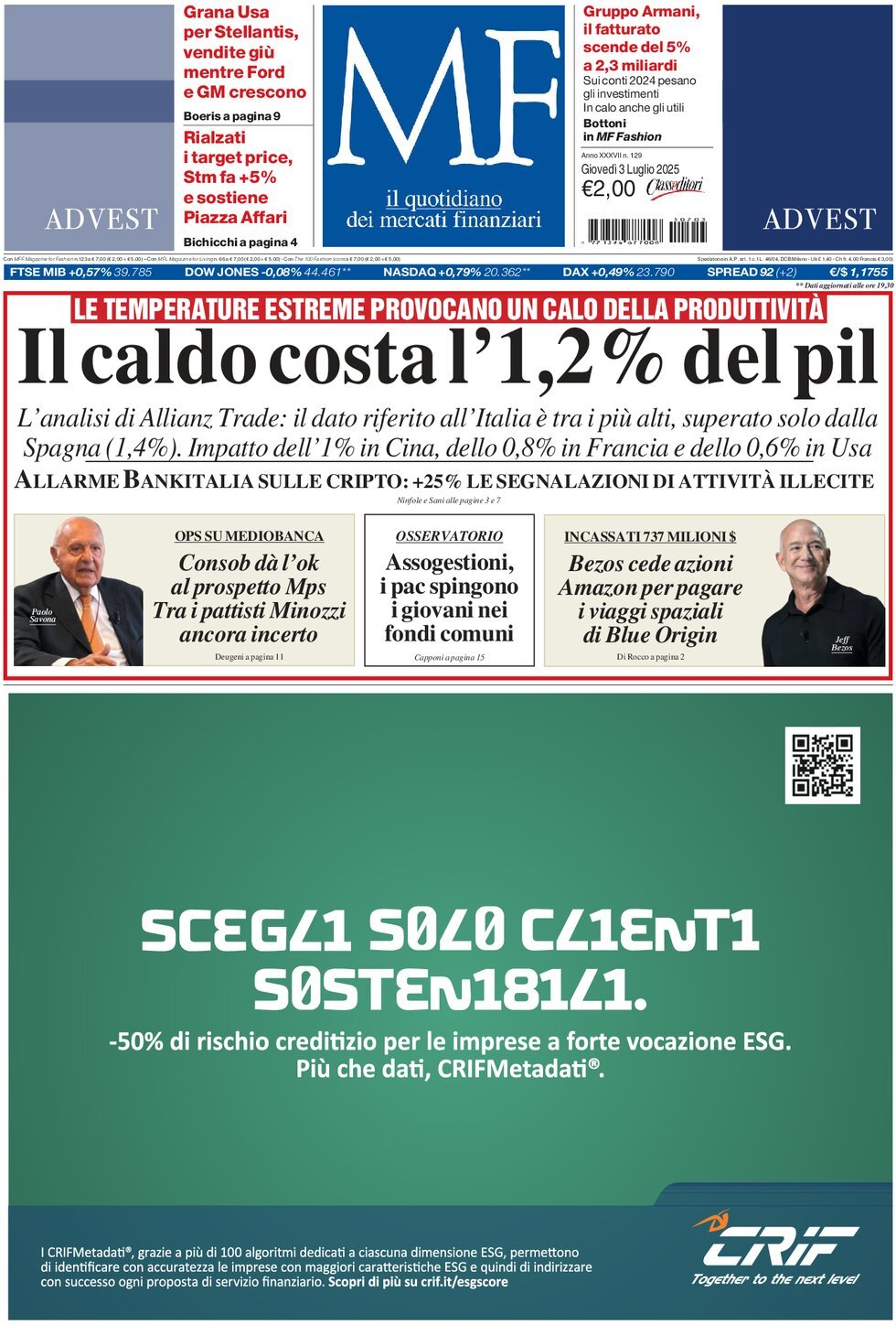 anteprima della prima pagina di MF Milano Finanza