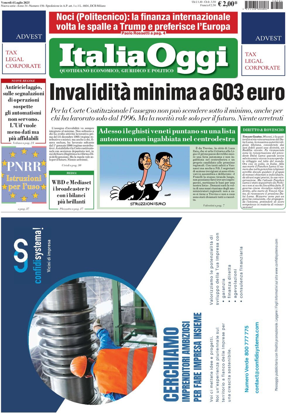 anteprima della prima pagina di italiaoggi del 04/07/2025