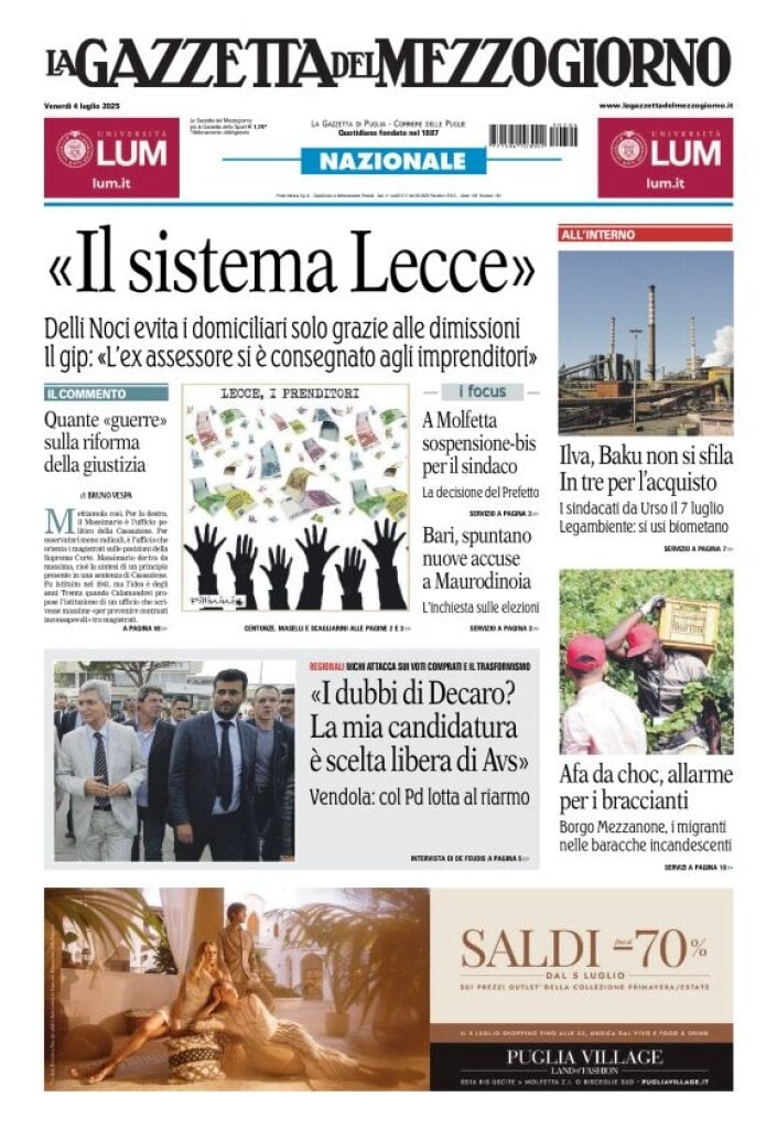 anteprima della prima pagina di La Gazzetta del Mezzogiorno (Bari)