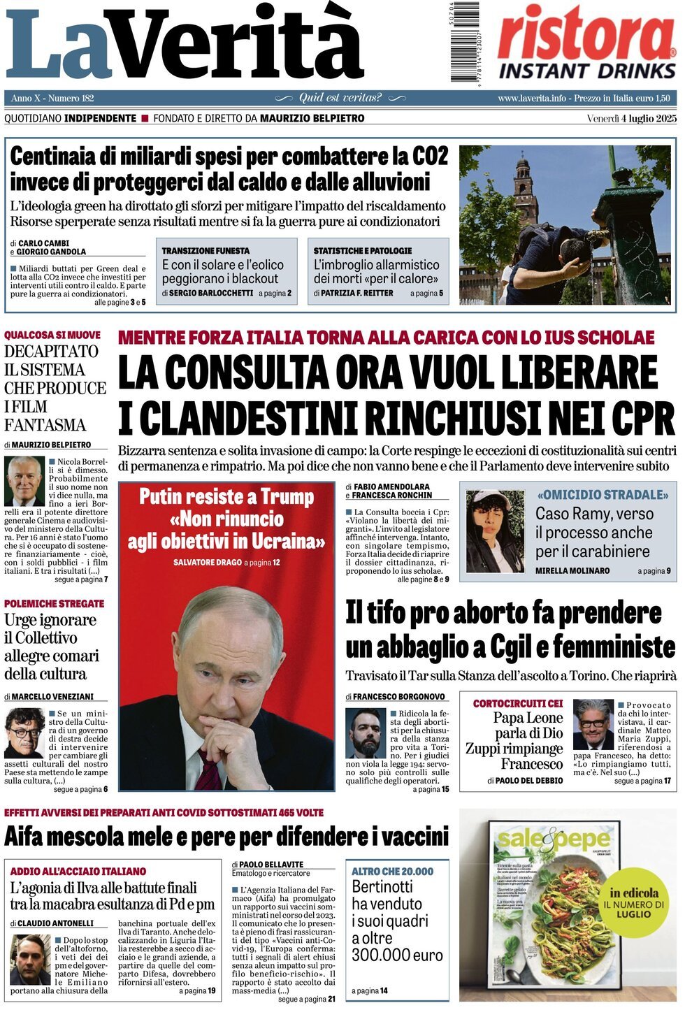 anteprima della prima pagina di la-verit del 04/07/2025