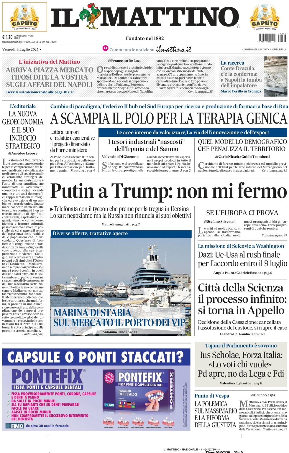 anteprima della prima pagina di Il Mattino