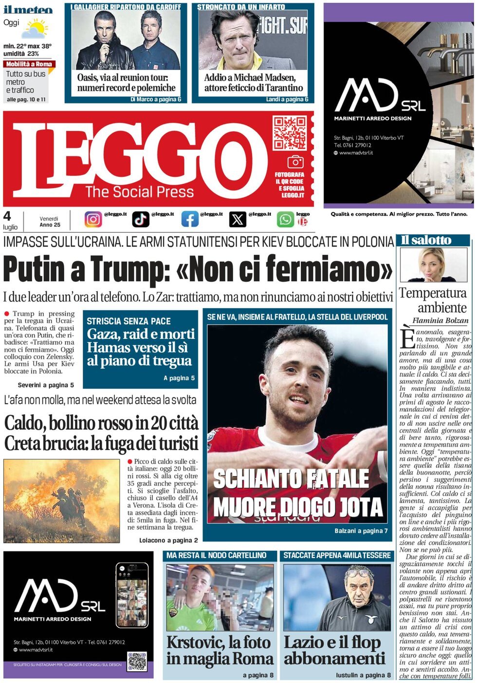 anteprima della prima pagina di Leggo (Roma)