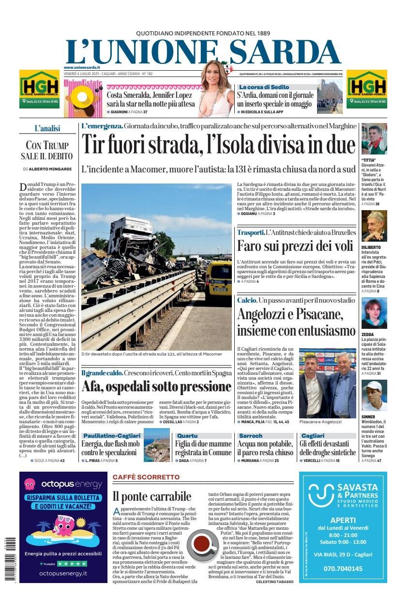 anteprima della prima pagina di L'Unione Sarda