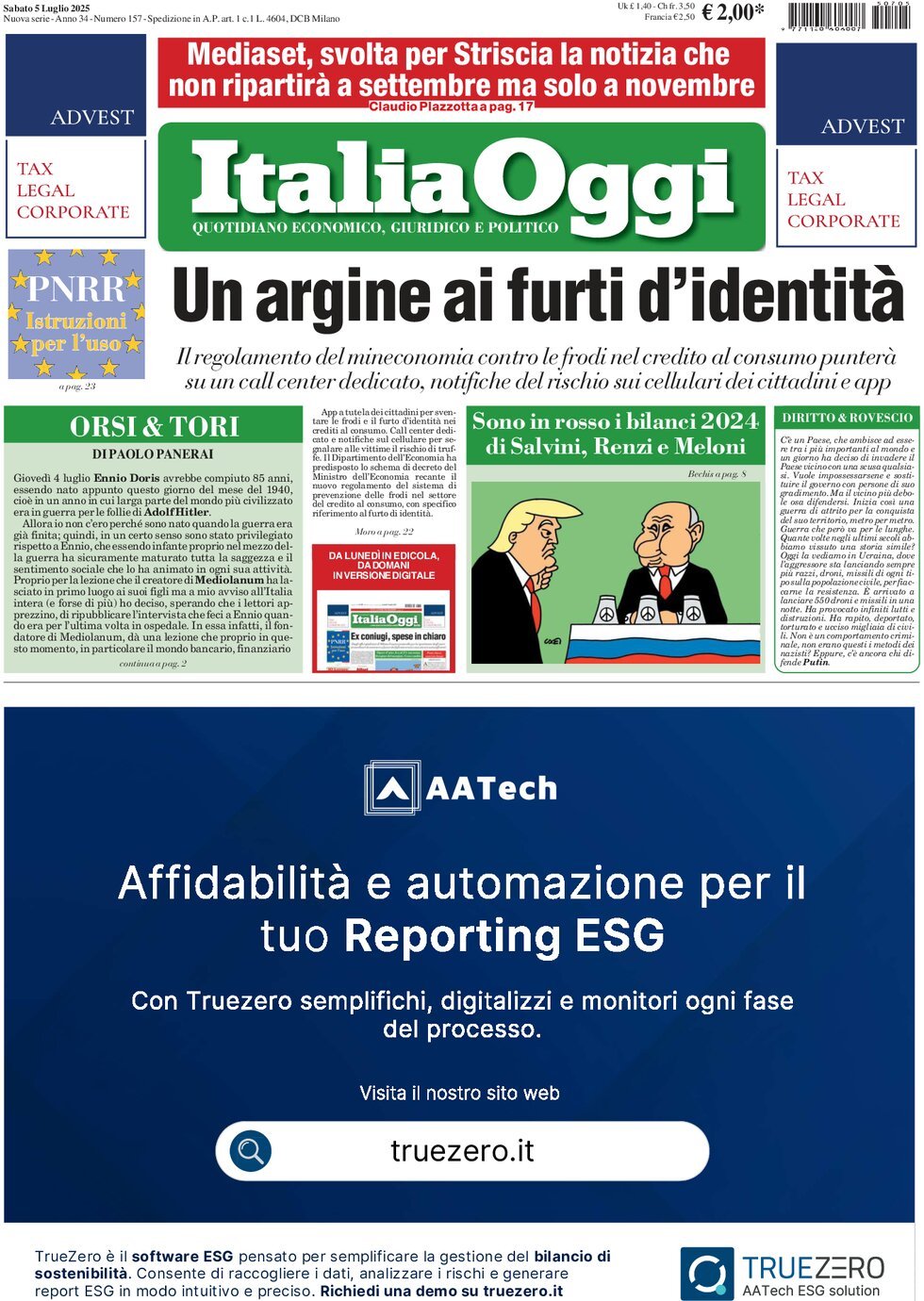 anteprima della prima pagina di italiaoggi del 05/07/2025