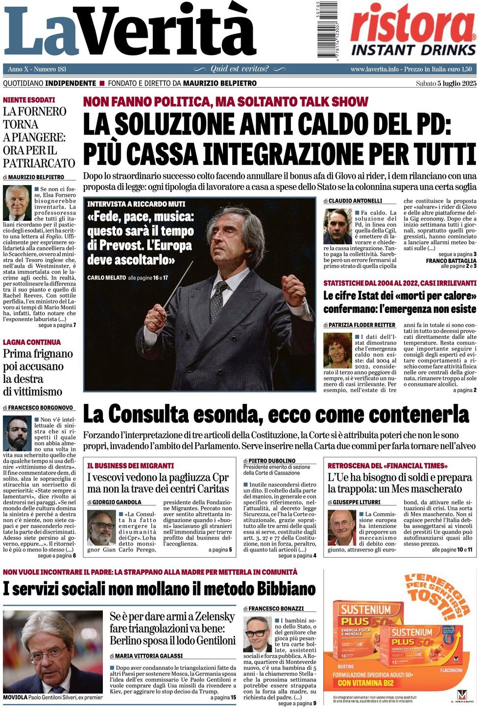 anteprima della prima pagina di la-verit del 05/07/2025