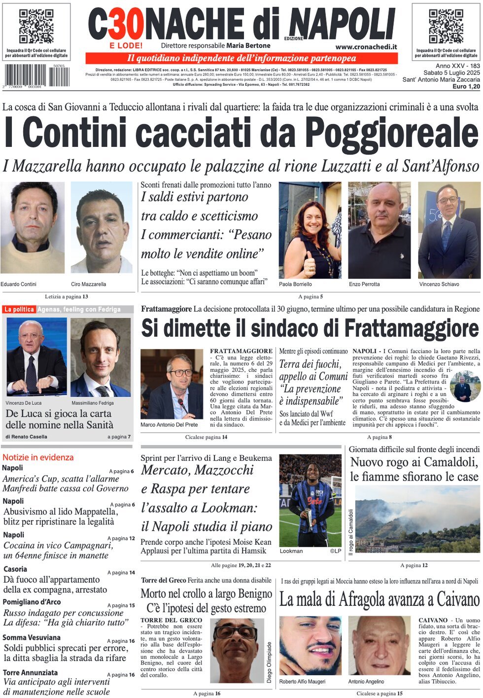 anteprima della prima pagina di cronache-di-napoli del 05/07/2025