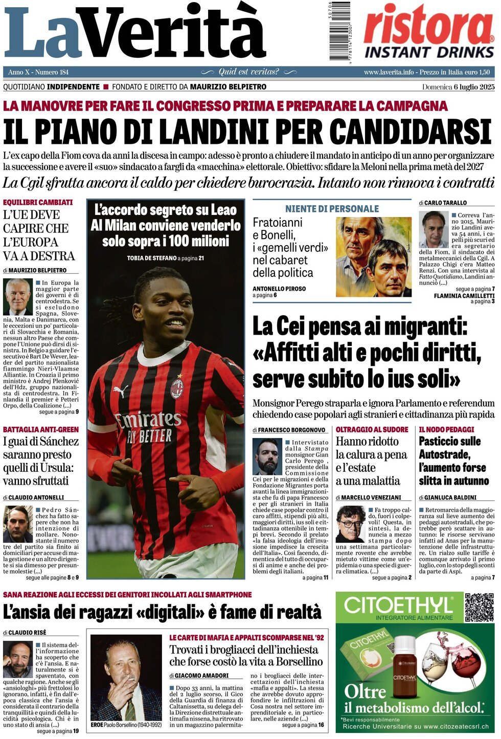 prima pagina - La Verità del 06/07/2025
