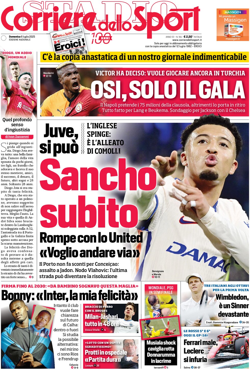 anteprima della prima pagina di corriere-dello-sport del 06/07/2025