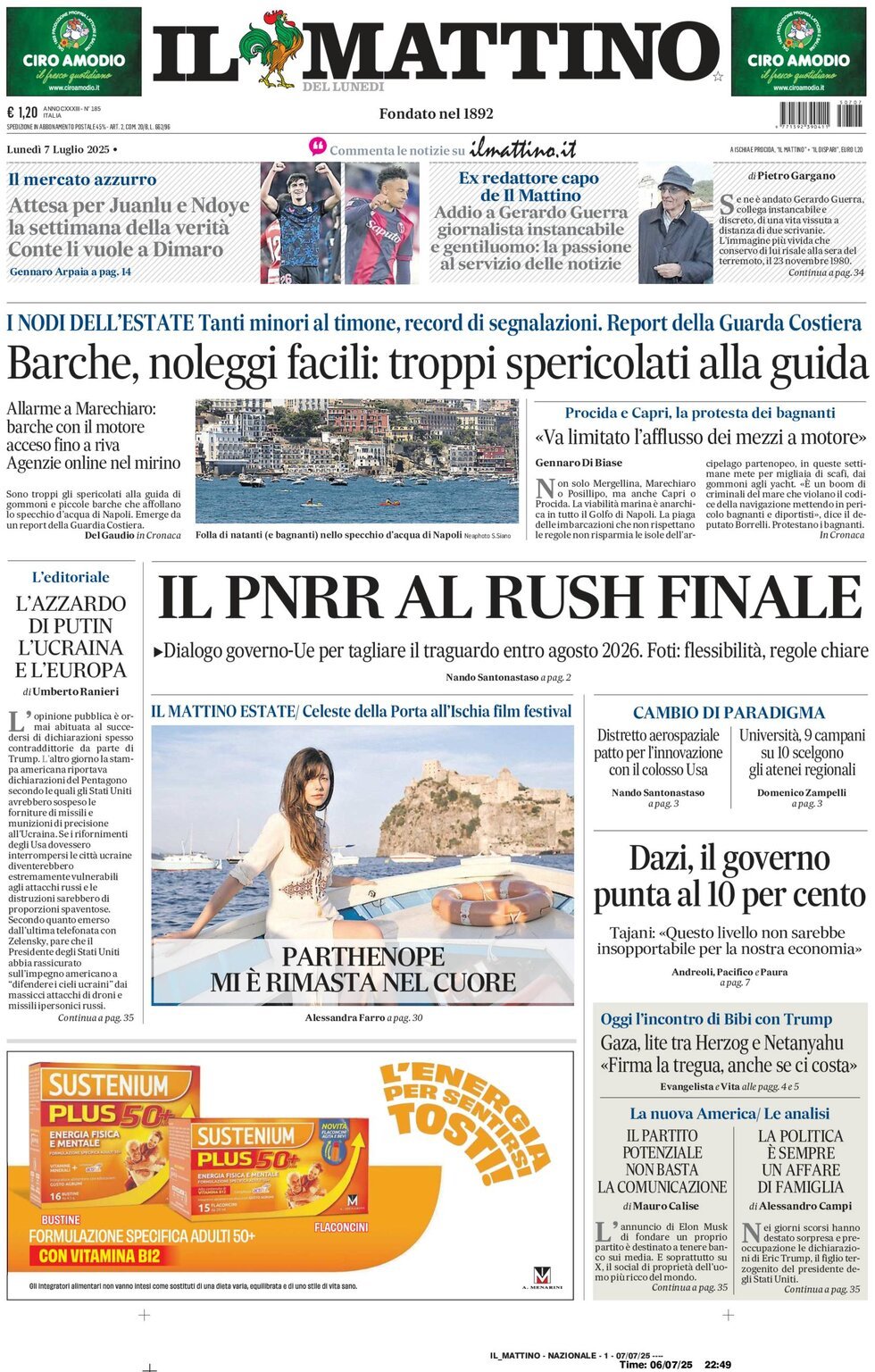 Anteprima prima pagina della rasegna stampa di ieri 2025-07-07 - il-mattino/