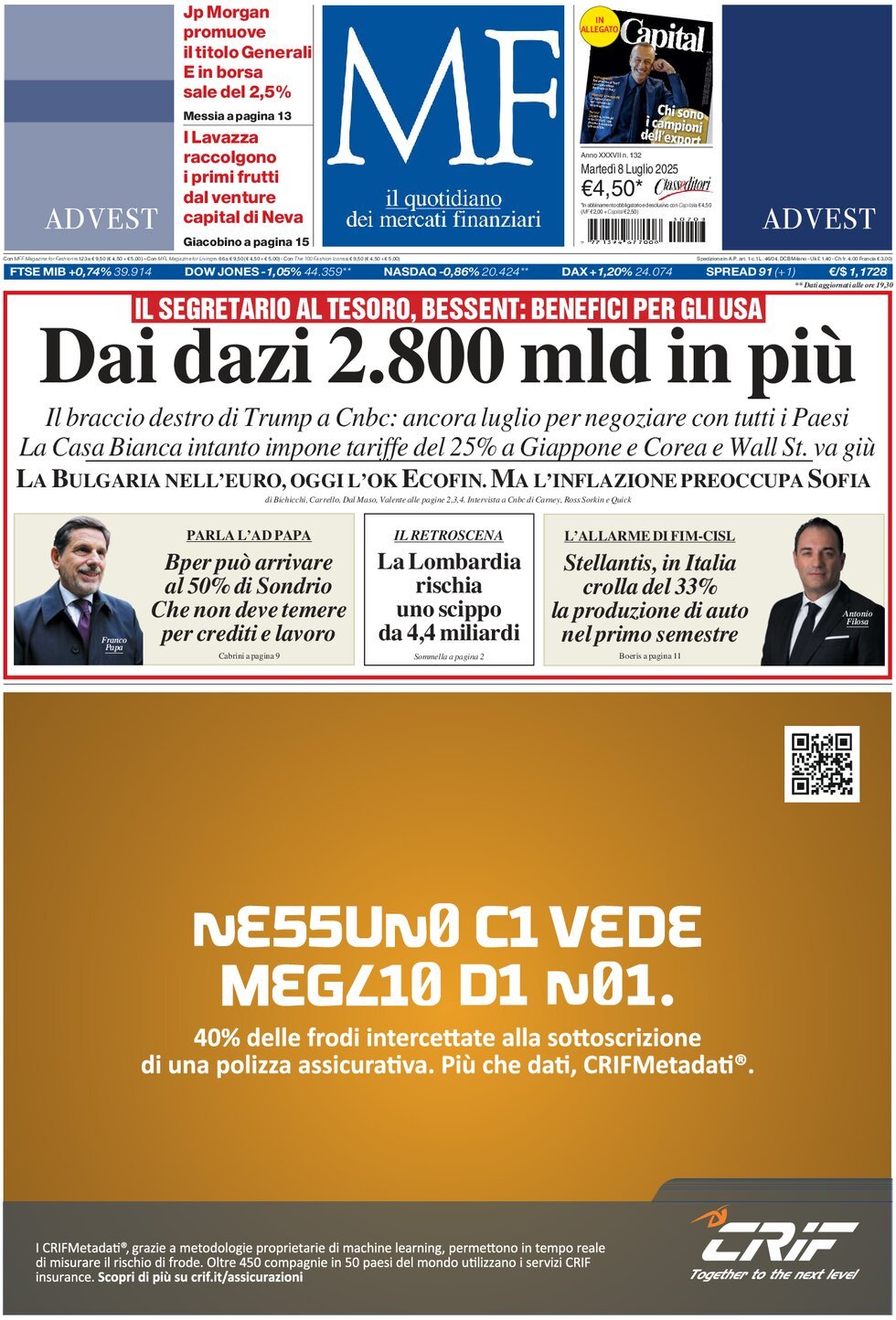anteprima della prima pagina di mf-milano-finanza del 08/07/2025