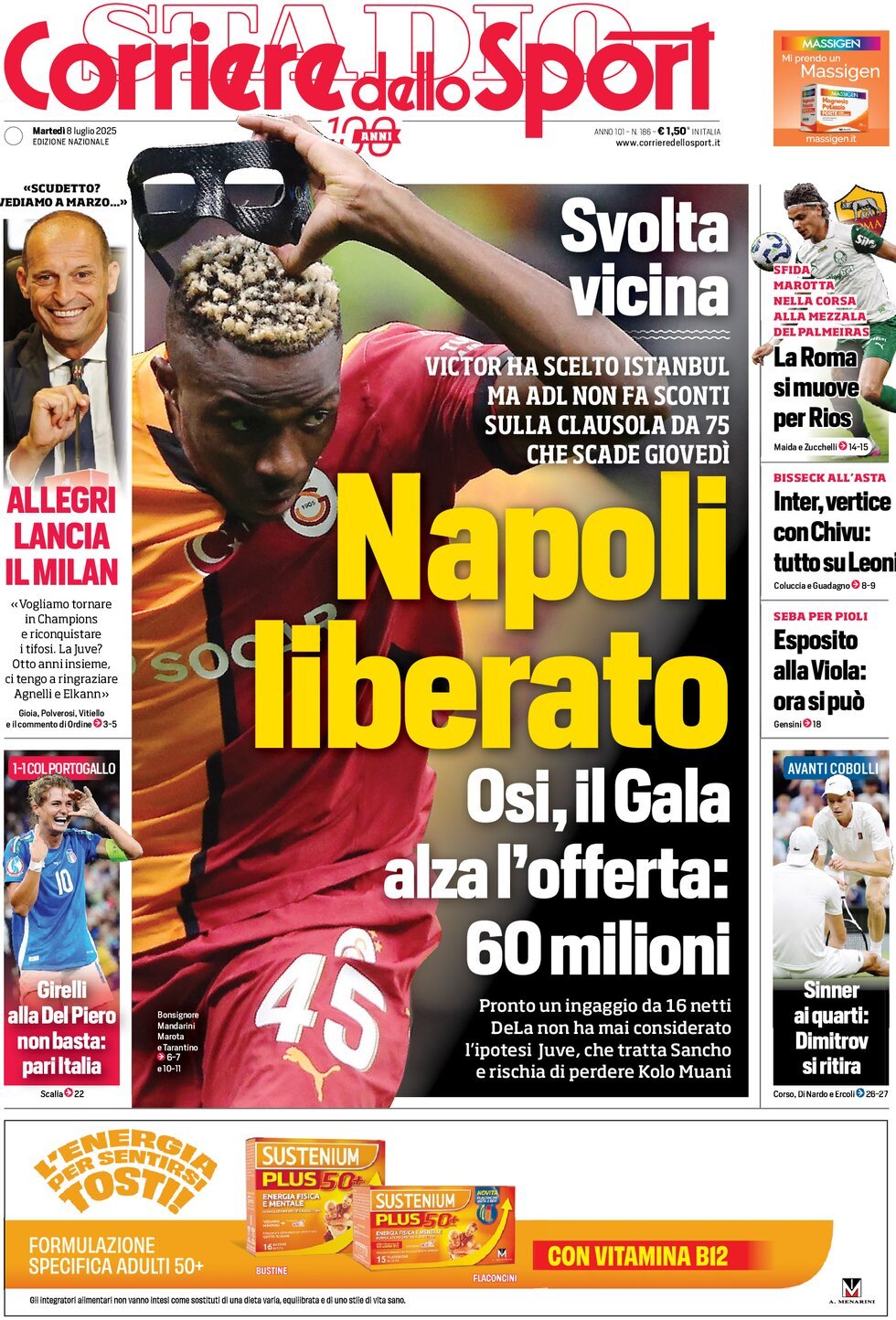 anteprima della prima pagina di corriere-dello-sport del 08/07/2025