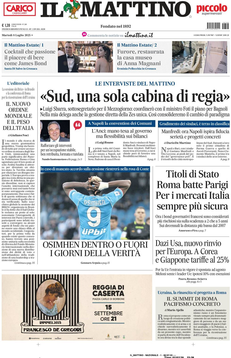 prima pagina - Il Mattino del 08/07/2025