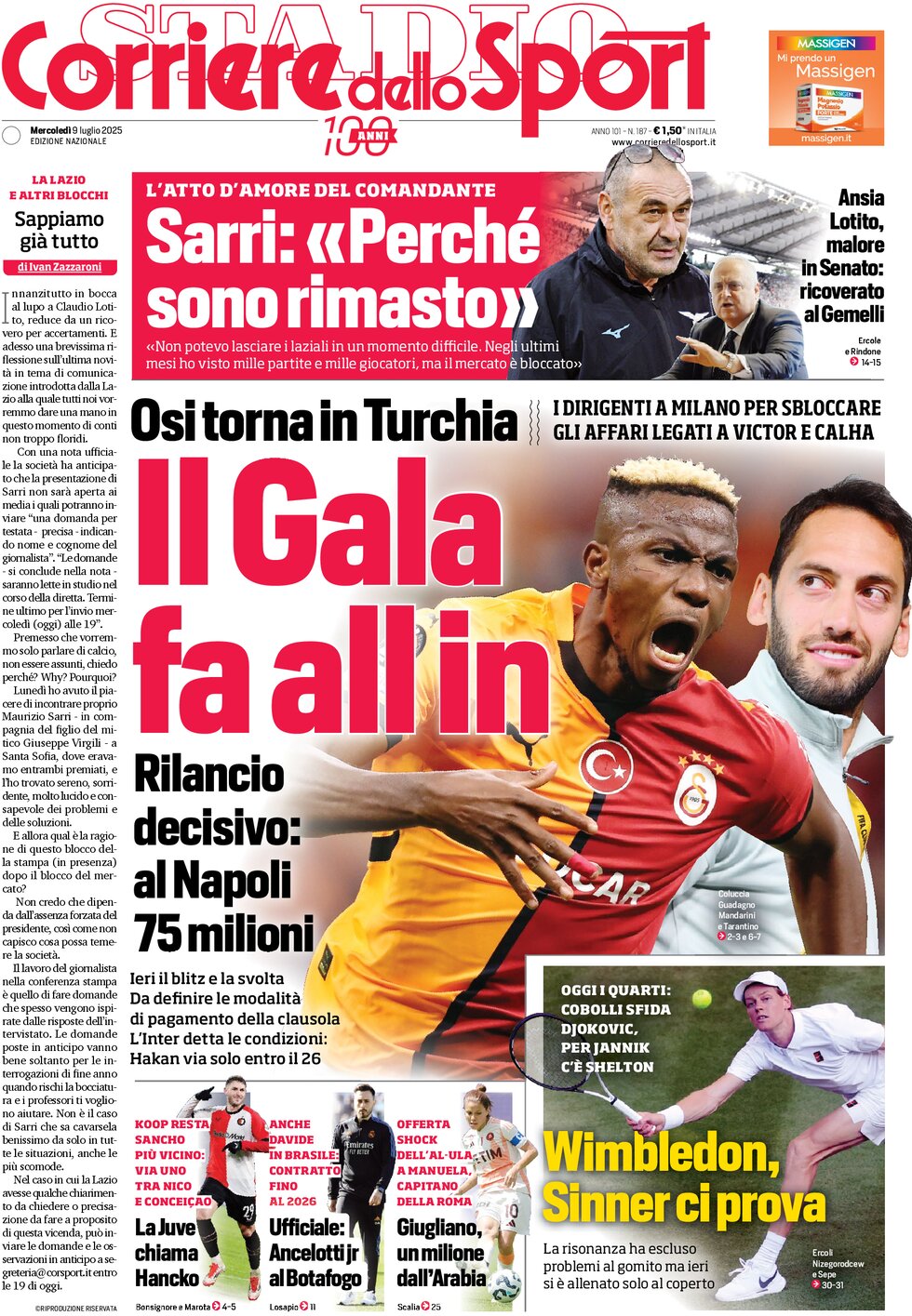 anteprima della prima pagina di corriere-dello-sport del 09/07/2025