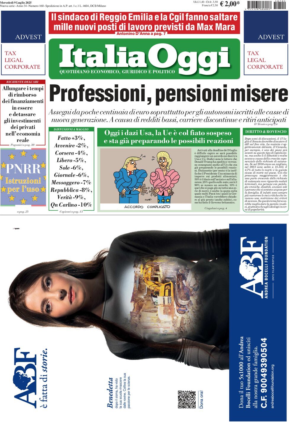 anteprima della prima pagina di italiaoggi del 09/07/2025