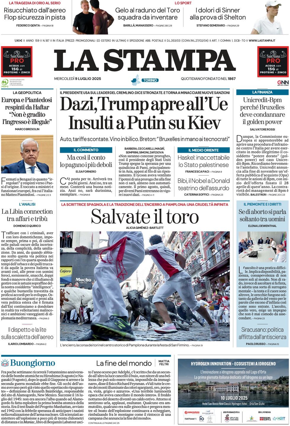 anteprima della prima pagina di la-stampa del 09/07/2025