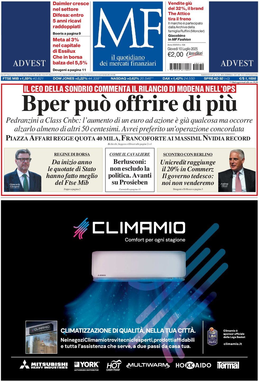 anteprima della prima pagina di mf-milano-finanza del 10/07/2025