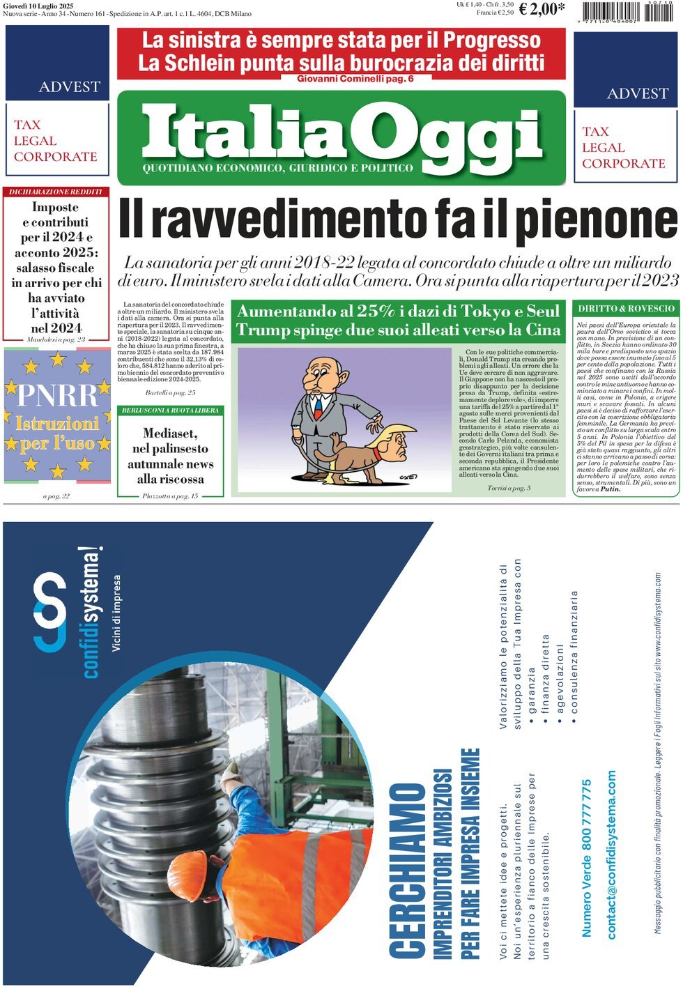anteprima della prima pagina di italiaoggi del 10/07/2025