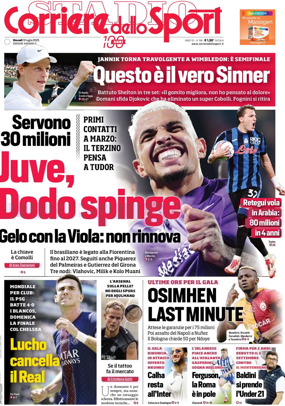 anteprima della prima pagina di corriere-dello-sport del 10/07/2025