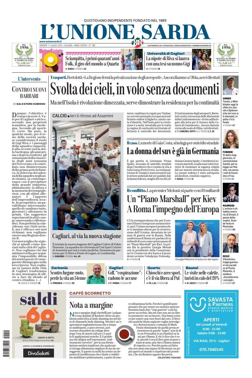 anteprima della prima pagina di L'Unione Sarda