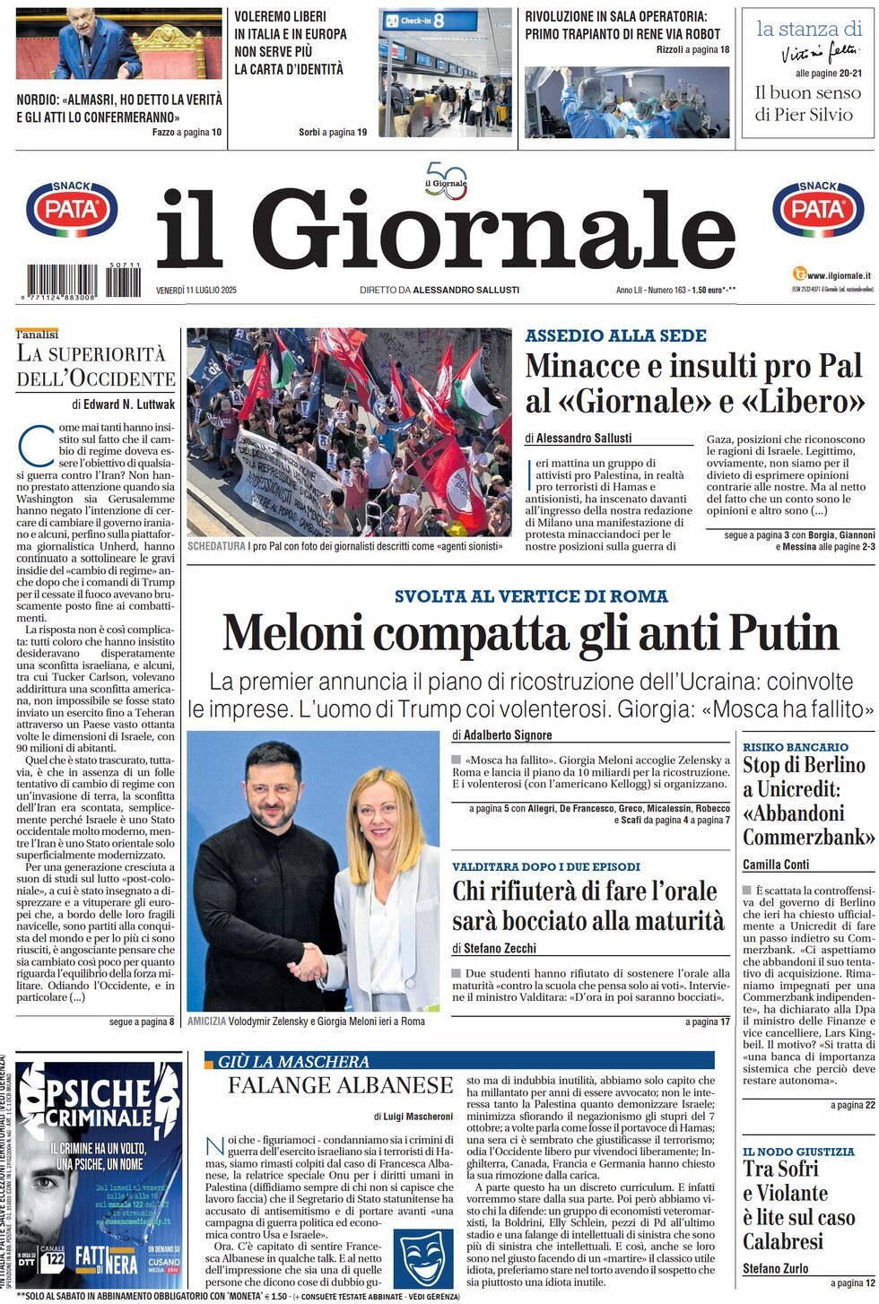Anteprima prima pagina della rasegna stampa di ieri 2025-07-11 - il-giornale/
