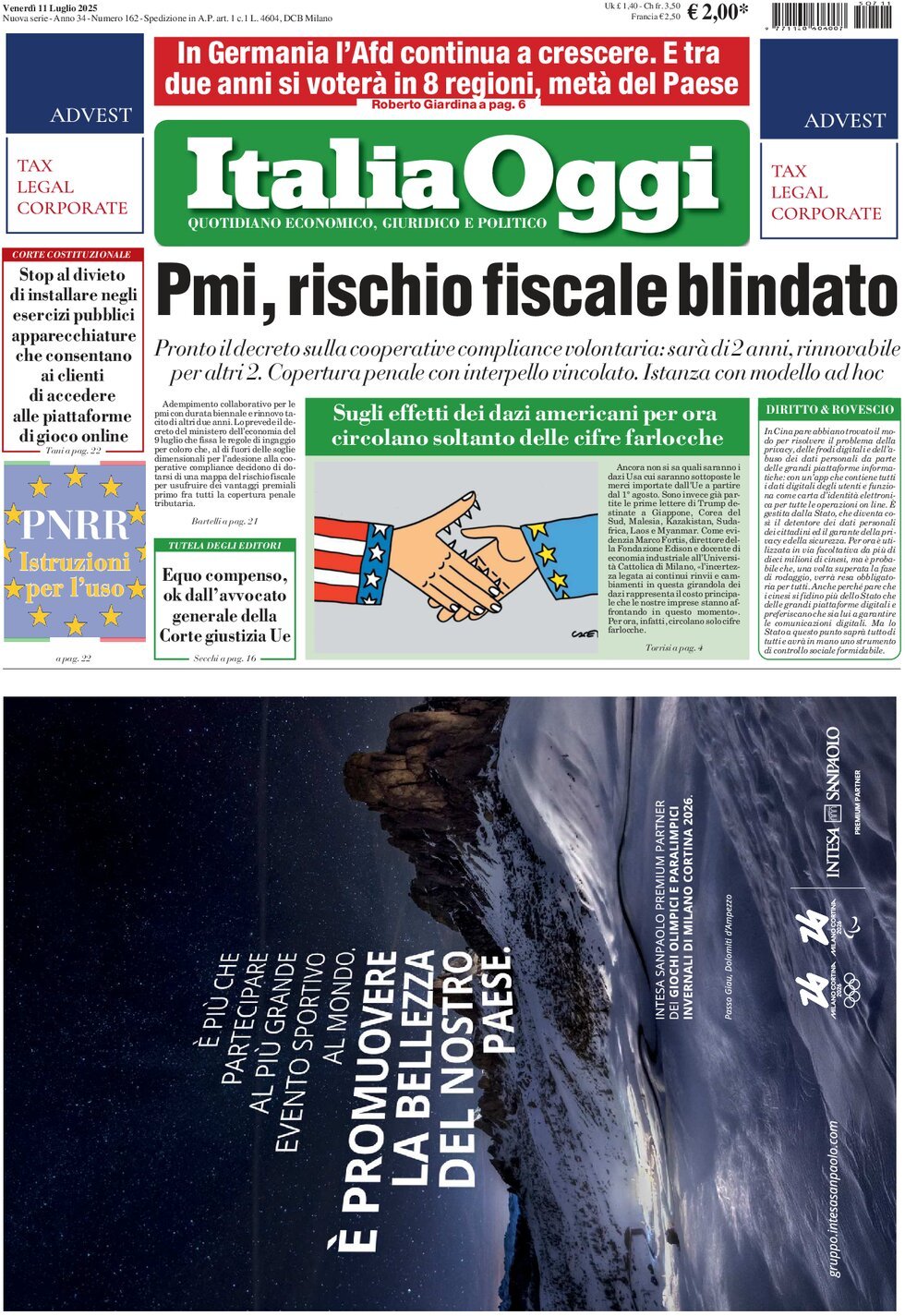 anteprima della prima pagina di italiaoggi del 11/07/2025