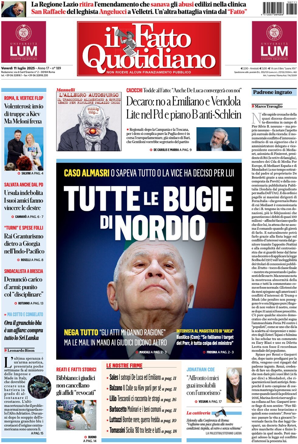 Anteprima prima pagina della rasegna stampa di ieri 2025-07-11 - il-fatto-quotidiano/
