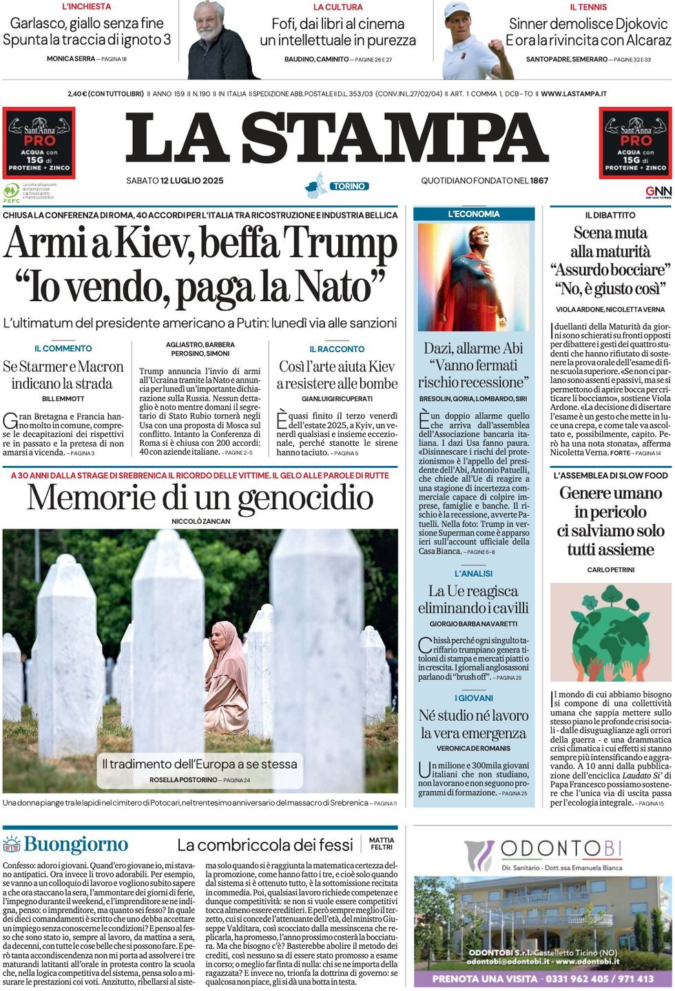 anteprima della prima pagina di la-stampa del 12/07/2025