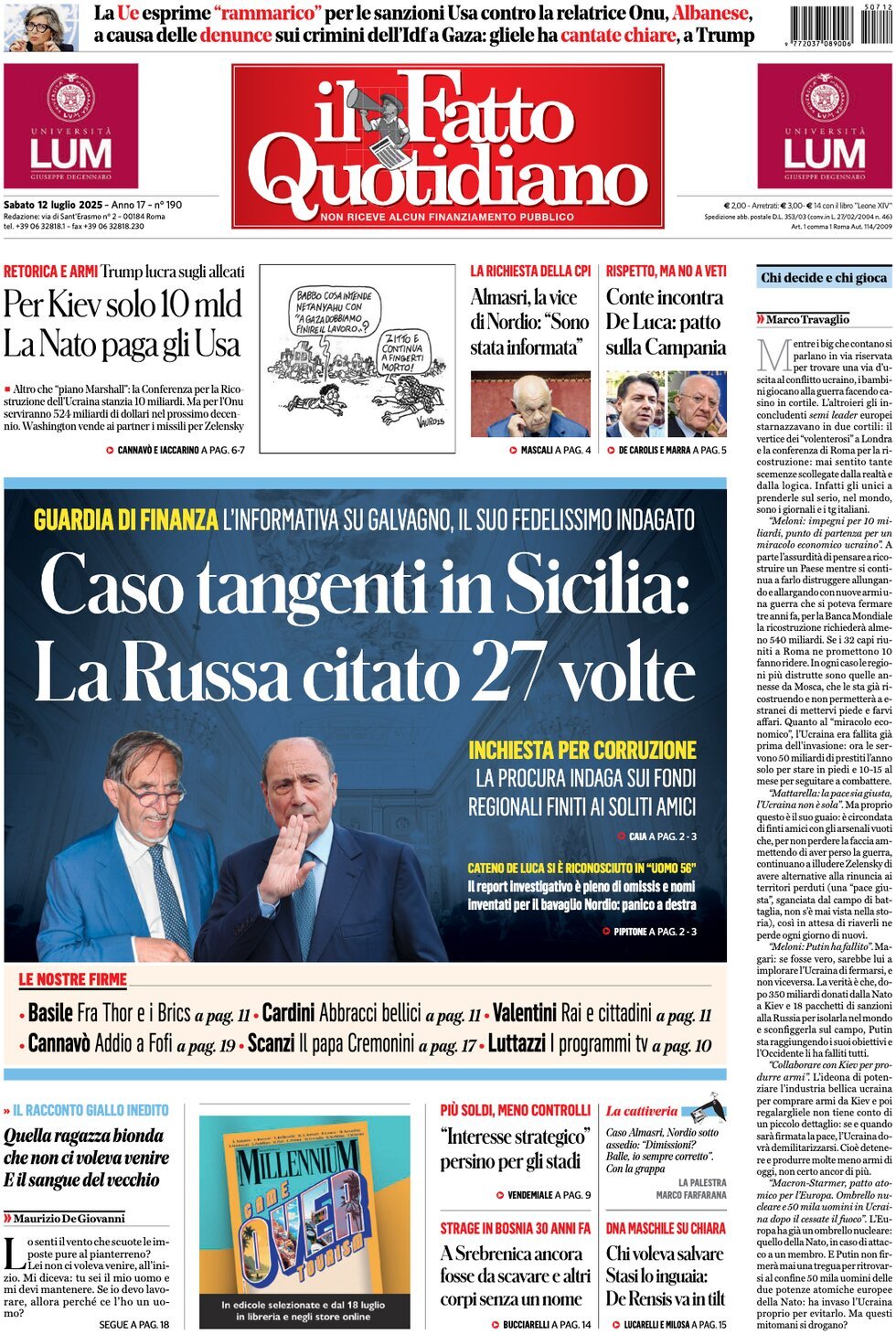 prima pagina - Il Fatto Quotidiano del 12/07/2025