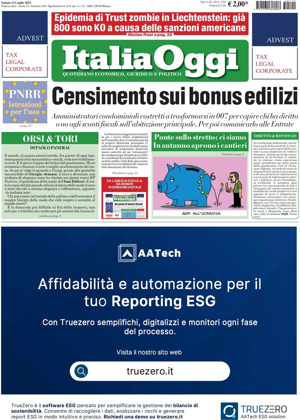 anteprima della prima pagina di italiaoggi del 12/07/2025