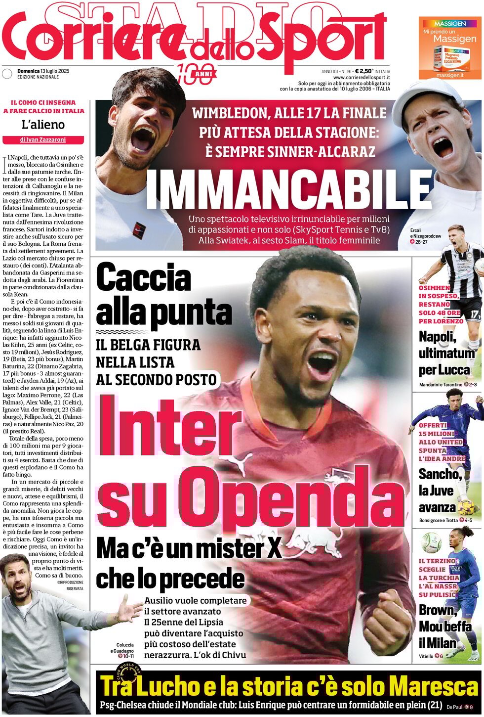 anteprima della prima pagina di corriere-dello-sport del 13/07/2025