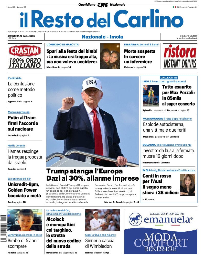 Anteprima prima pagina della rasegna stampa di ieri 2025-07-13 - il-resto-del-carlino/