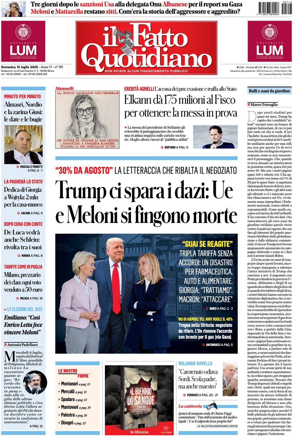 anteprima della prima pagina di il-fatto-quotidiano del 13/07/2025