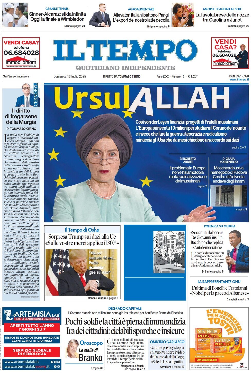 anteprima della prima pagina di il-tempo del 13/07/2025