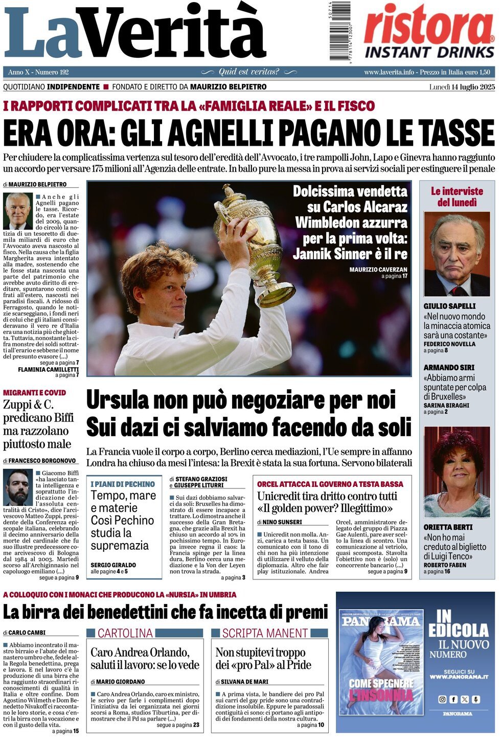 anteprima della prima pagina di La Verità