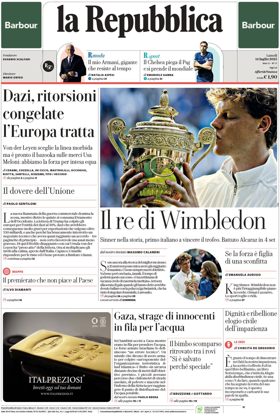 anteprima della prima pagina di La Repubblica