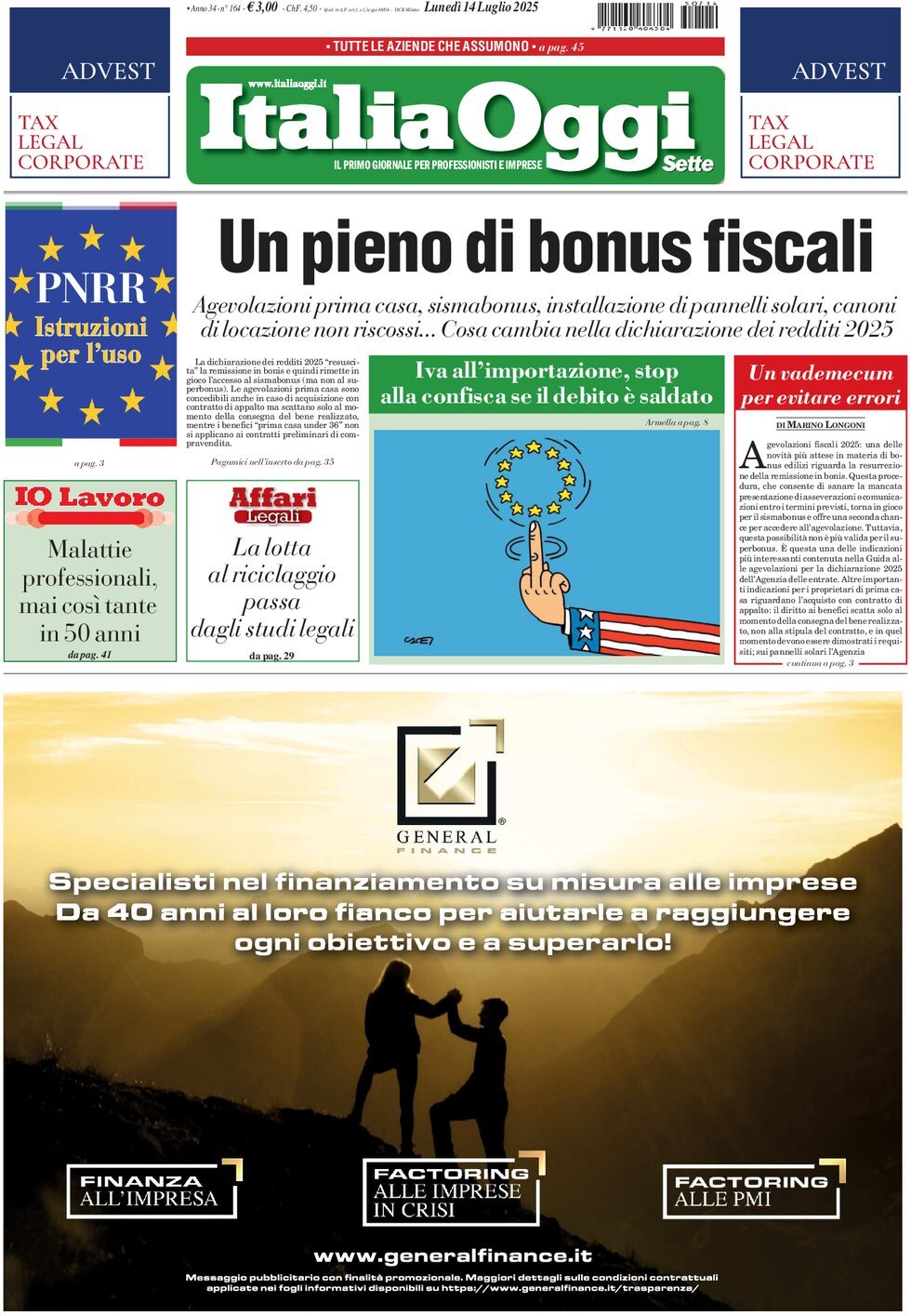 prima pagina - ItaliaOggi del 14/07/2025