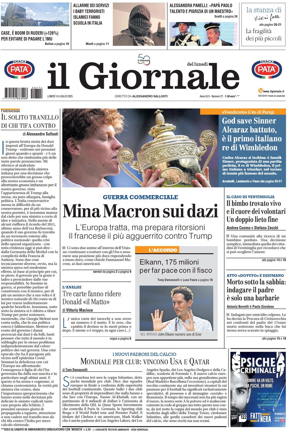 anteprima della prima pagina di Il Giornale
